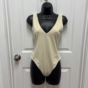 BABATON One Piece Bodysuit Deep V Neck Sleeveless Tan Beige Size L